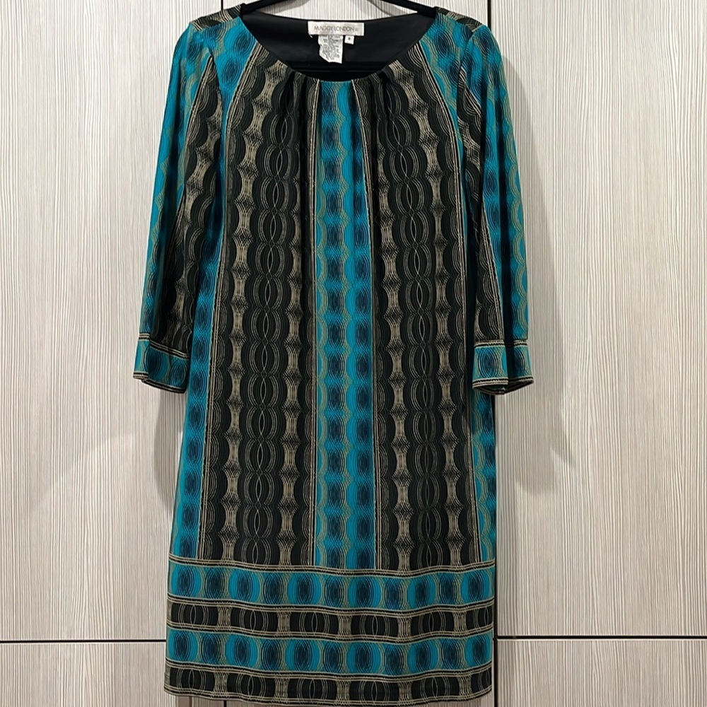 Maggy London | Geometric Black & Aqua Shift Midi Dress | Women's Size 8